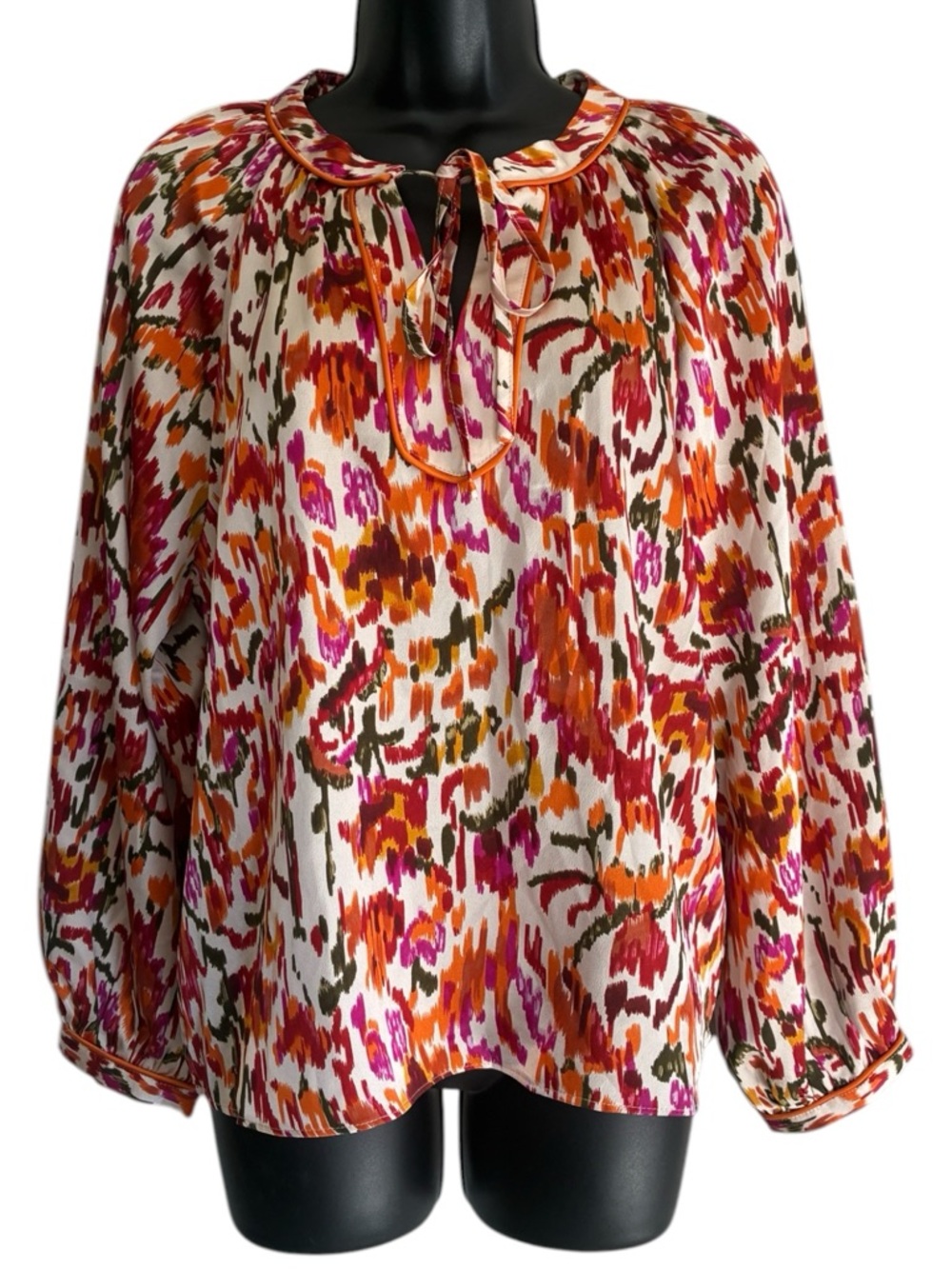 Avara Floral Tie-Neck Blouse in Pink Rust Orange Oversized- Size S